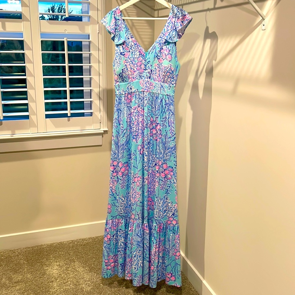 Lilly Pulitzer Aqua Floral Maxi Dress with Pink and Lavender Accents